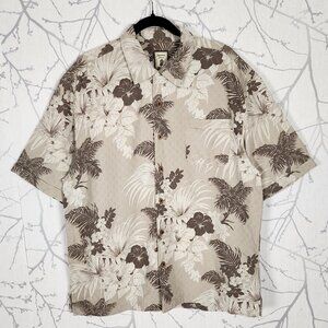 Jamaica Jaxx Beige Tropical Hibiscus Floral 100% Silk Camp Shirt